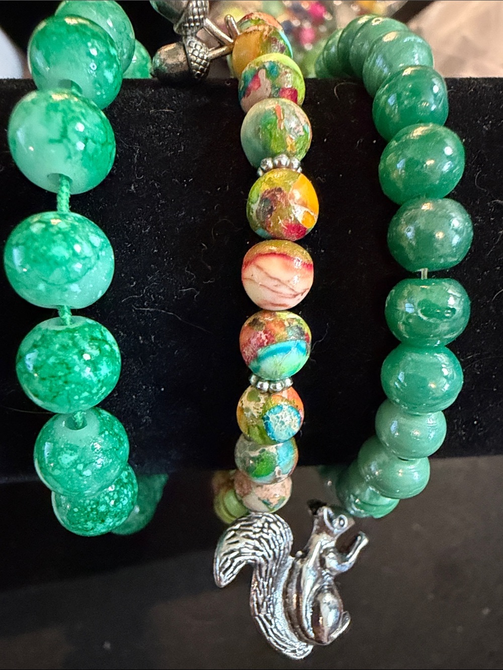 Lot of 3 Bracelets Green Beaded Stretch Bracelet Set with Squirrel Charm.